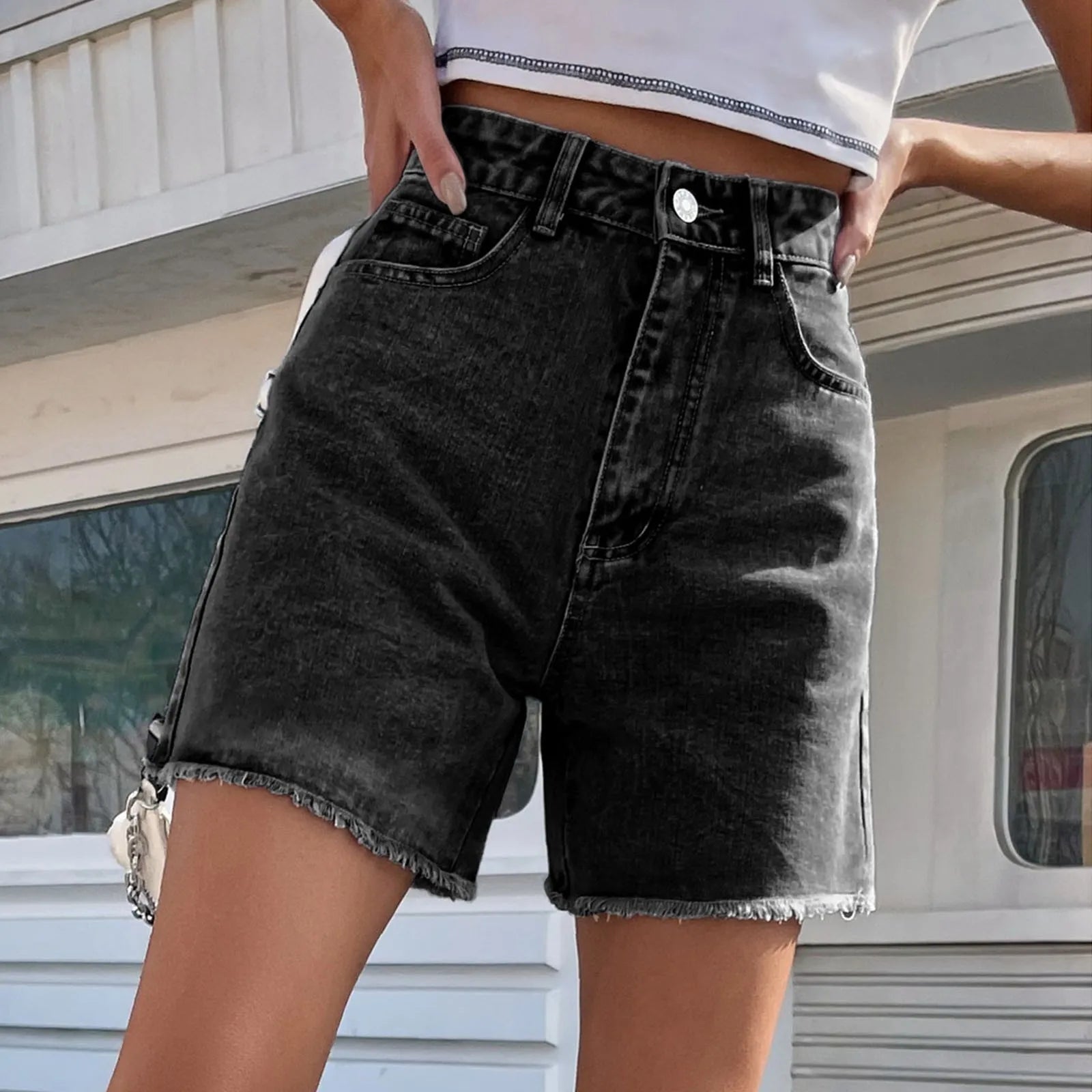 Black Denim Shorts High Waisted