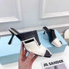 Brand Ladies High Heel Slippers Square Toe Formal Dress Shoes Leahter Patchwork Denim Sandals Summer Party Shoes Women