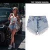 Buttons Ripped Fringe Denim Shorts