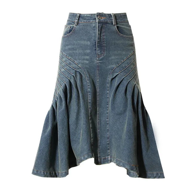 Denim Pleated Midi Skirt