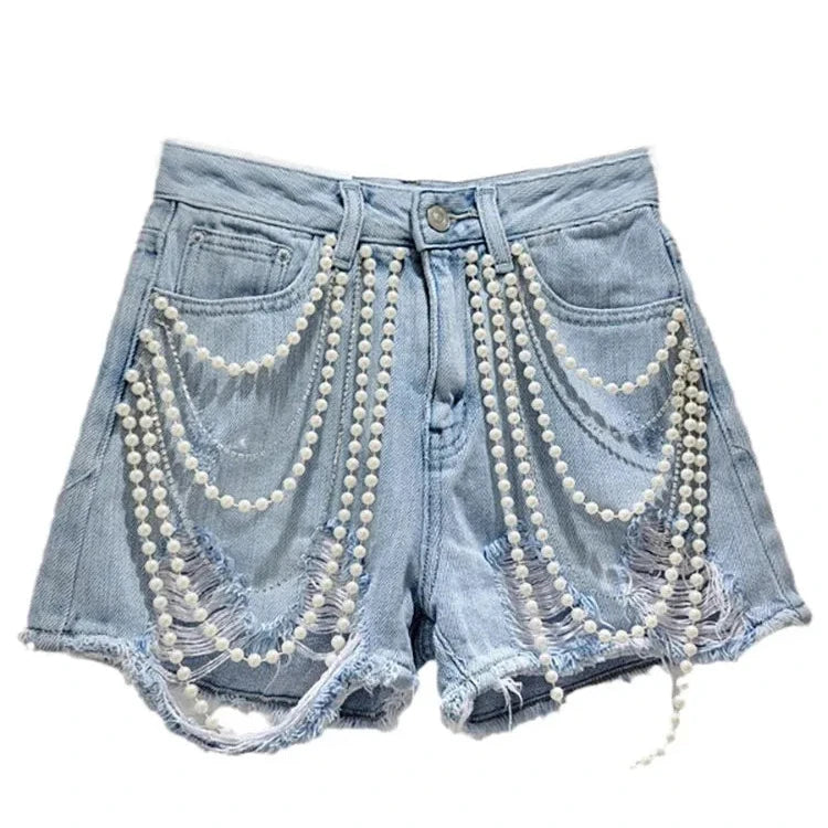 Denim Shorts with Rhinestone Fringe