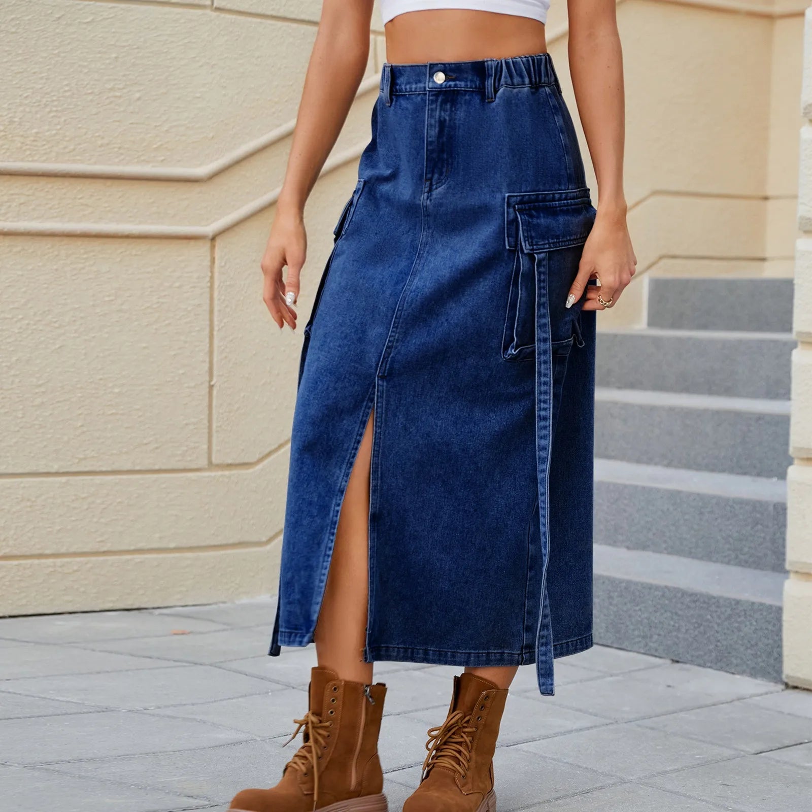 Denim Skirt with Cargo Pockets