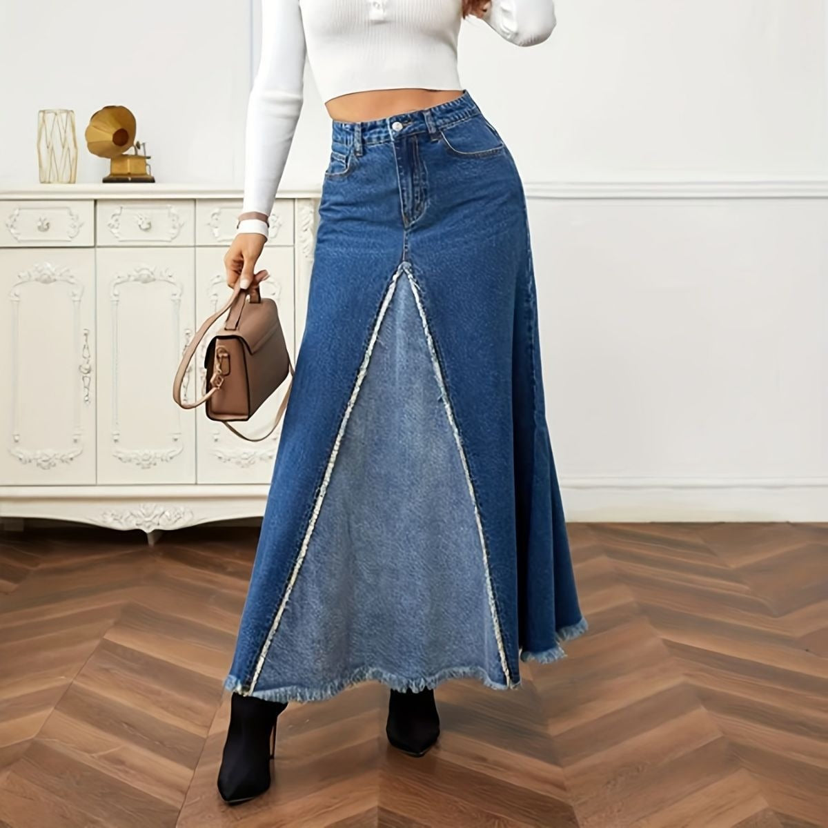 High Waisted Denim Maxi Skirt