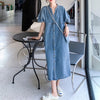 Hong Kong style retro mid length denim dress, summer women's loose casual straight leg long skirt