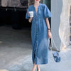 Hong Kong style retro mid length denim dress, summer women's loose casual straight leg long skirt