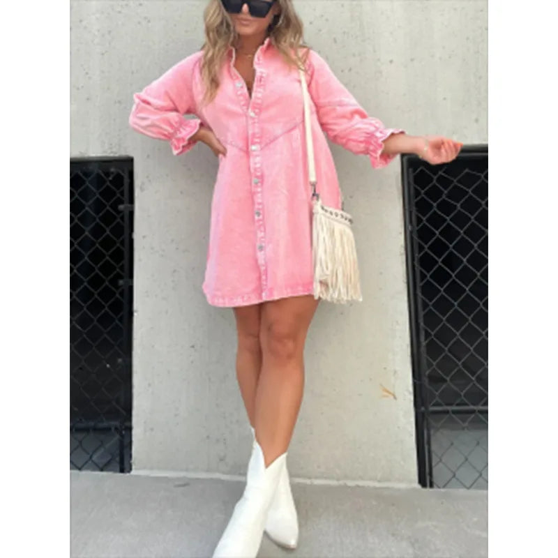 Long Sleeve Pink Denim Dress