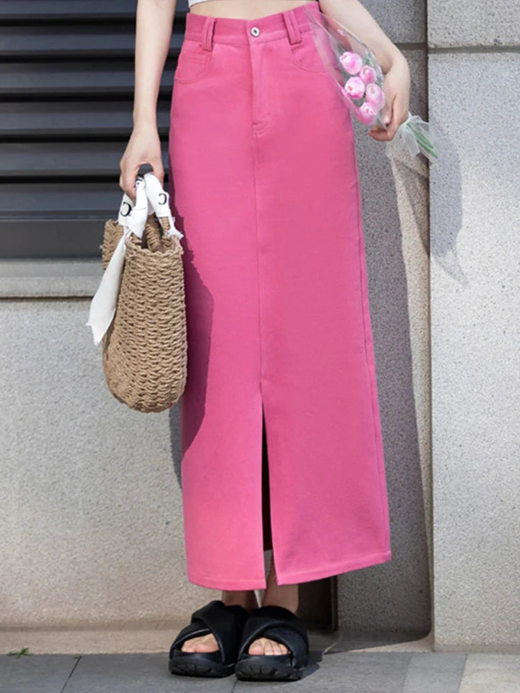 Pink Denim Skirt Long