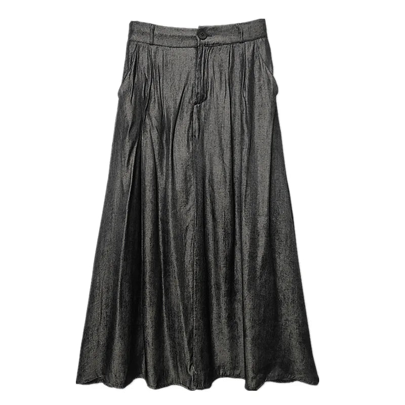 Pleated Denim Maxi Skirt