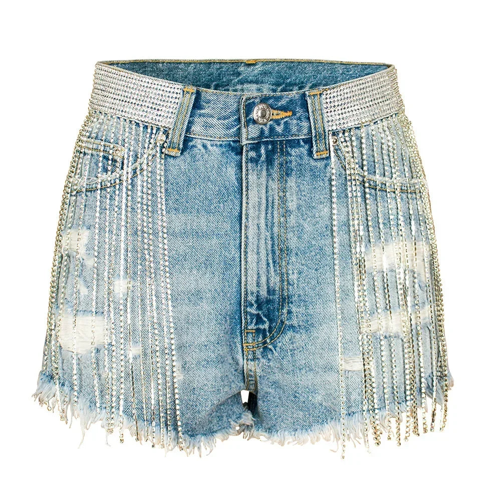 Rhinestone Fringe Denim Shorts