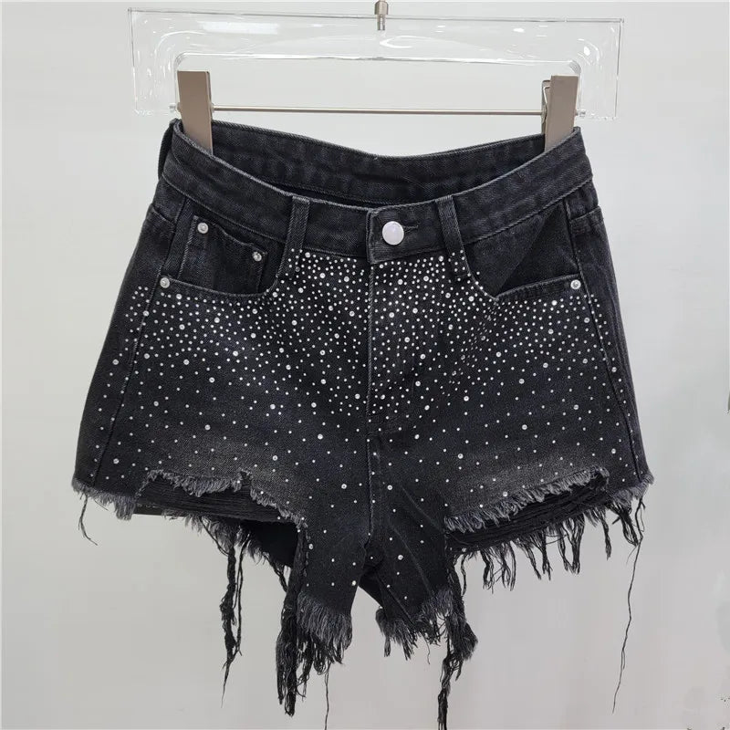 Ripped Rhinestone Denim Shorts