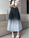 Washed Denim Pleated Skirt