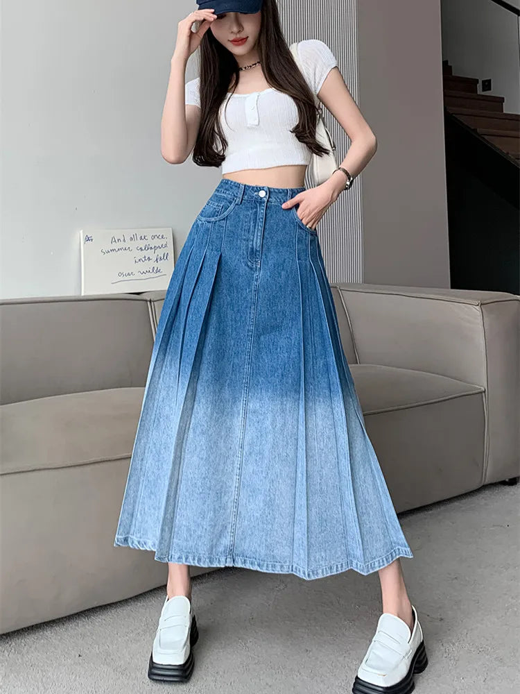 Washed Denim Pleated Skirt